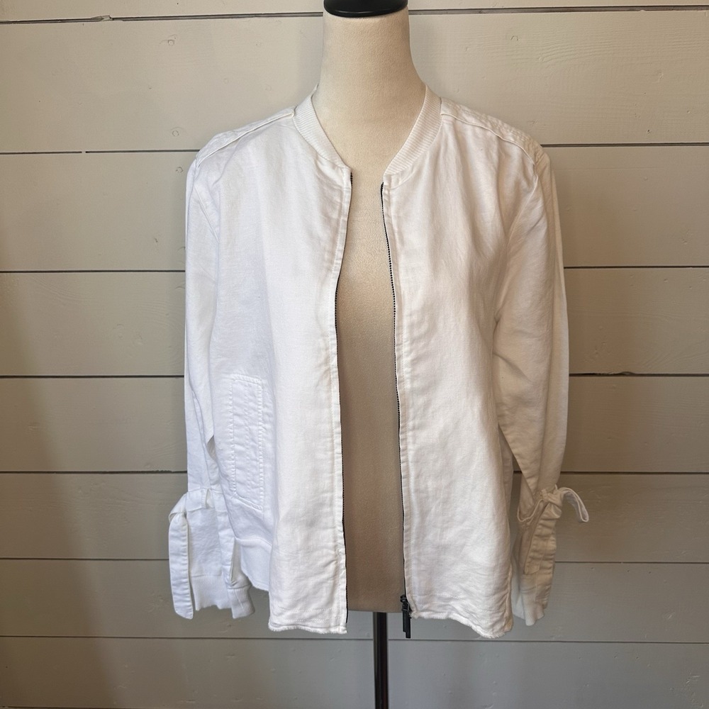 Kenneth Cole Linen Blend White Tie Sleeve Bomber Lightweight Jacket L Shacket